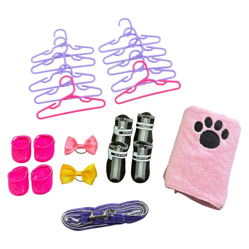 Dog Accessory Bundle: Hangers, Shoes, Leash, Towel, Bows - Pet Fashion Set